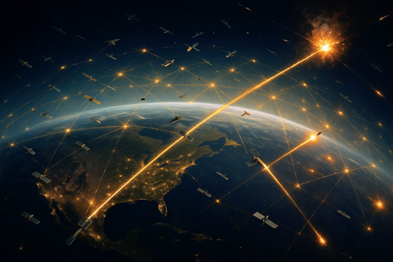 Illustration of the Golden Dome space-based missile defense system showing satellites orbiting Earth with interceptor beams forming a global defensive network