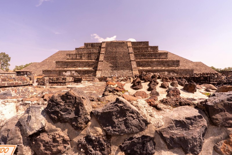 The Pyramid of the Sun at Teotihuacán, Mexico, under a clear blue sky