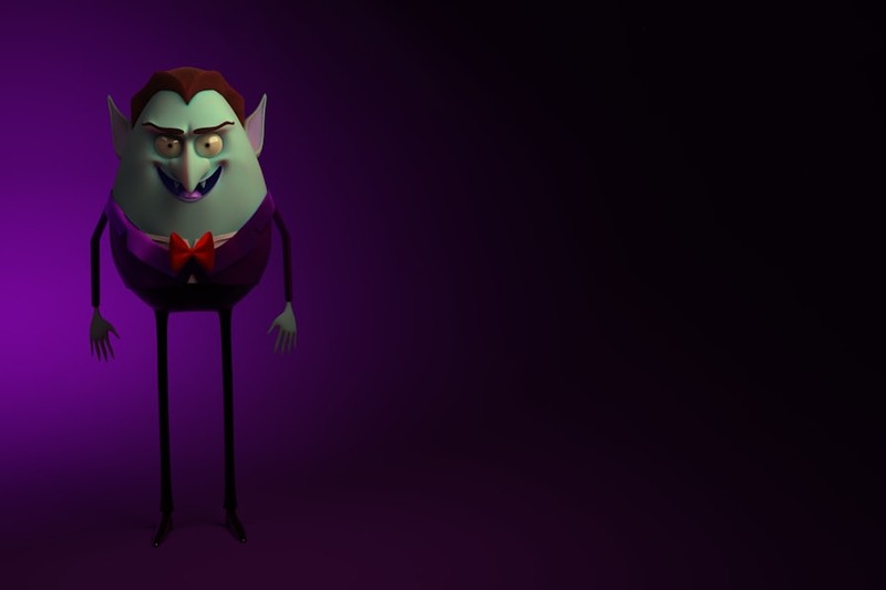 3D rendered cartoon vampire character with fangs and red bow tie against a dark purple background