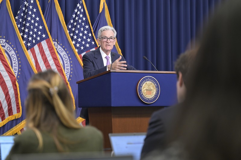 Federal Reserve Chair Jerome Powell speaks at an FOMC press conference