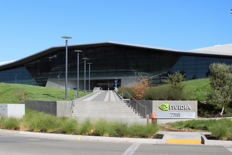 NVIDIA headquarters building in Santa Clara, California, with the company logo visible on a sign at the entrance