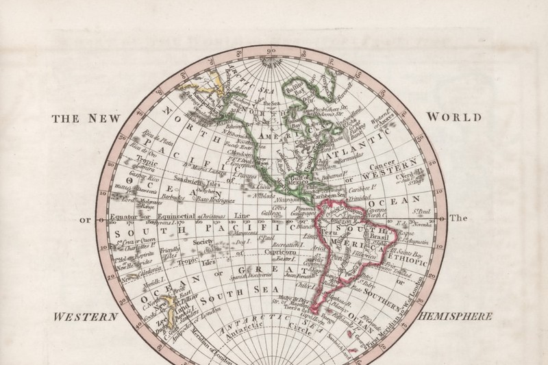 Historical circular map of the Western Hemisphere titled 'The New World,' showing North and South America with latitude and longitude grid lines