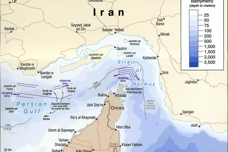 Political and bathymetric map of the Strait of Hormuz showing Iran, Oman, the UAE, and shipping-relevant depth contours