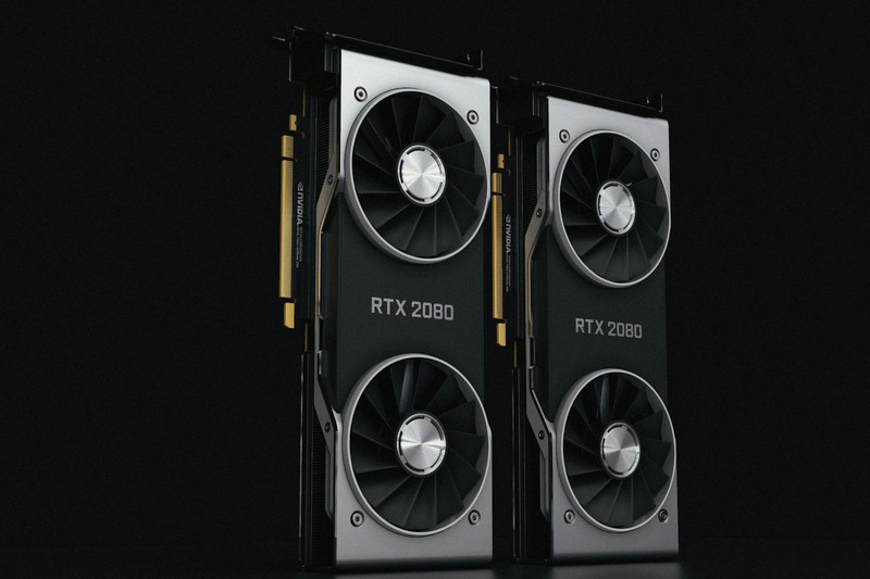 Two NVIDIA RTX 2080 graphics cards with dual fans shown in close-up against a dark background