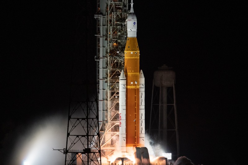 NASA's Space Launch System rocket on the launch pad at Kennedy Space Center