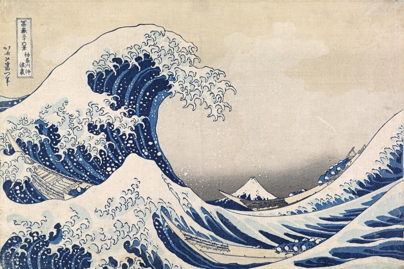 Hokusai's The Great Wave off Kanagawa woodblock print showing a towering ocean wave with Mount Fuji in the background