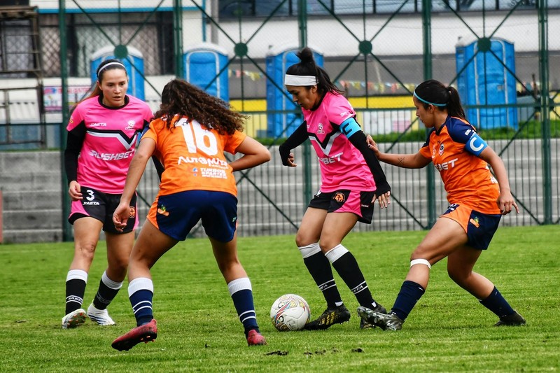 Female soccer players competing for the ball during a match on a grassy field