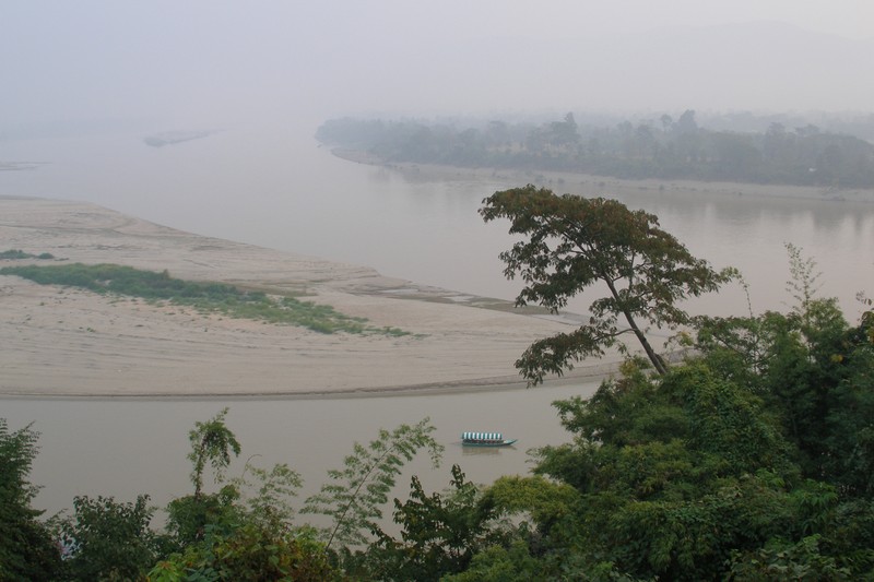Misty view of the Mekong River at the Golden Triangle where Thailand, Laos, and Myanmar meet