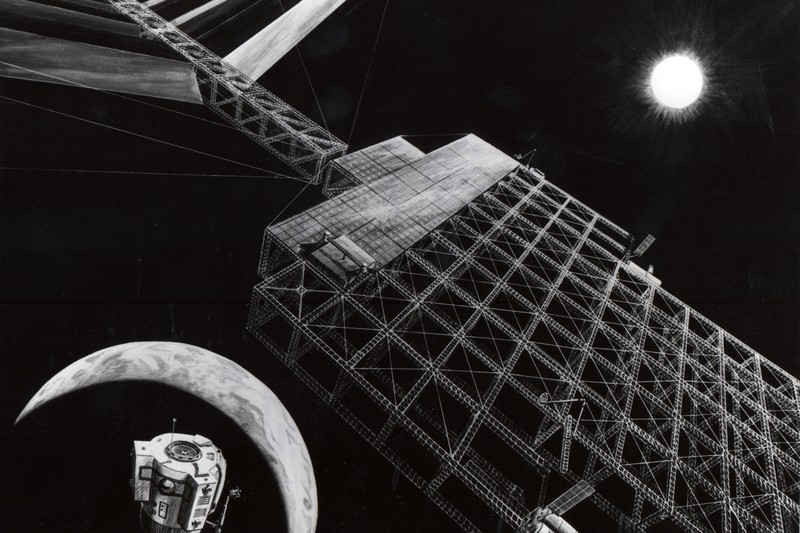 NASA artist's concept of a solar power satellite in Earth orbit with the sun and moon visible