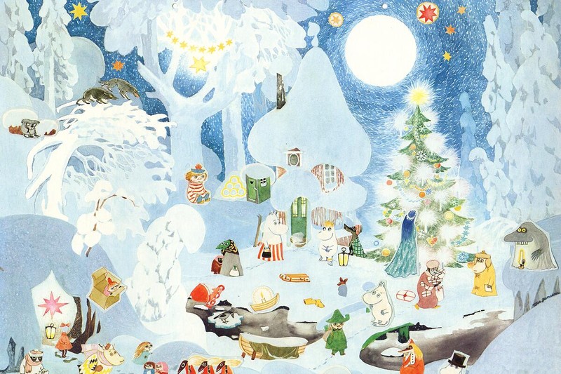 Illustrated winter scene of Moominvalley with Moomin characters gathered around a snow-covered house and Christmas tree under a moonlit sky