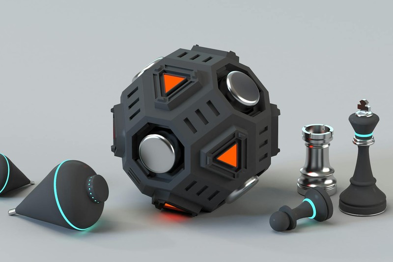 Sci-fi chess pieces and a futuristic sphere on a minimalist surface