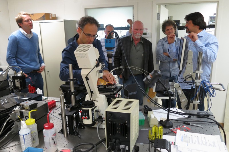 Scientists gathered around laboratory equipment including microscopes and monitors in a genomics research facility