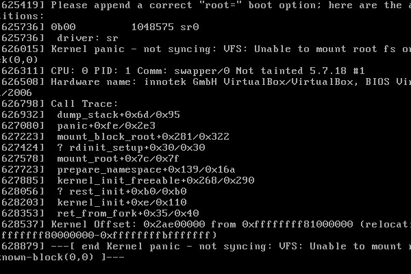 Linux kernel panic error screen showing system failure during boot