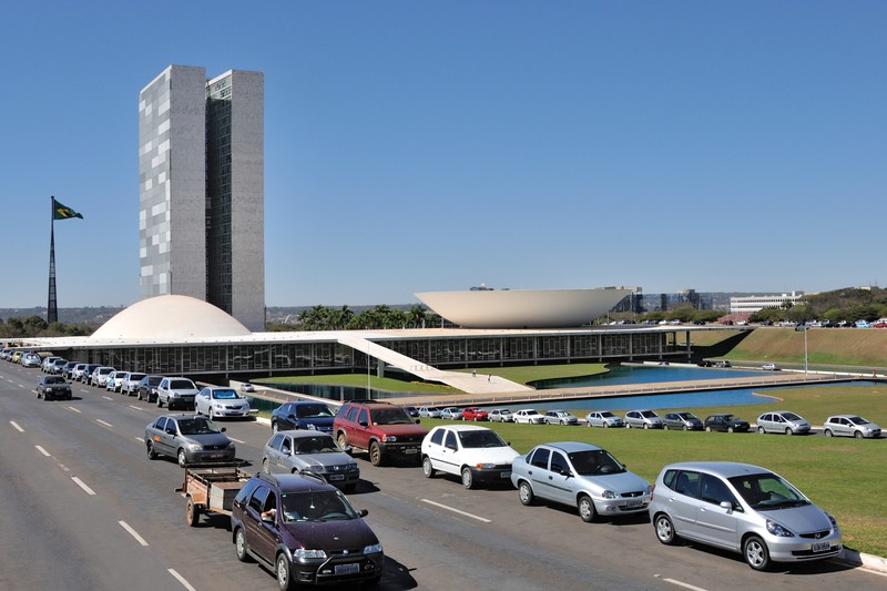 The National Congress of Brazil in Brasília, featuring its iconic twin towers and dome structures.
