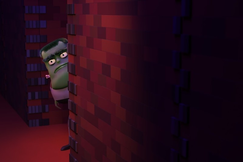A green goblin-like animated creature peeking cautiously around a brick wall in a dimly lit corridor