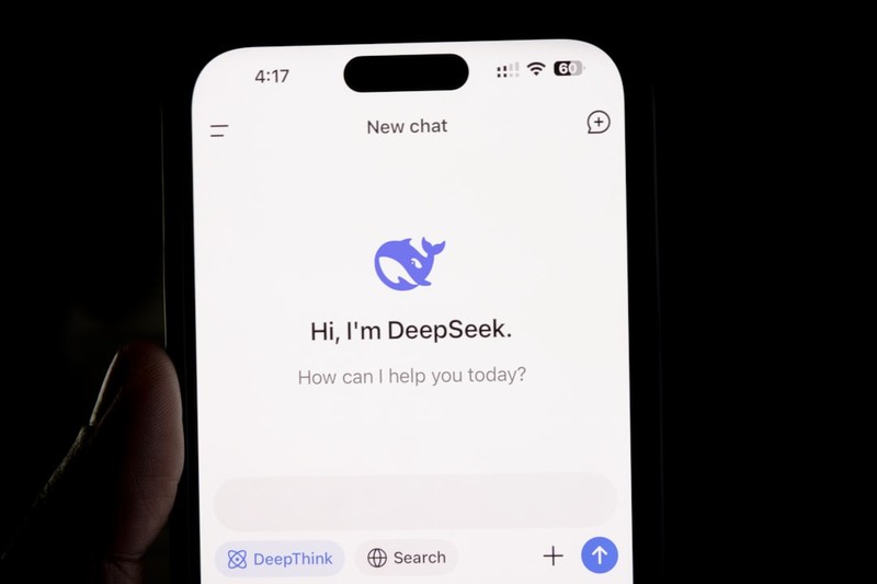 A smartphone displaying the DeepSeek AI chat interface with the greeting 