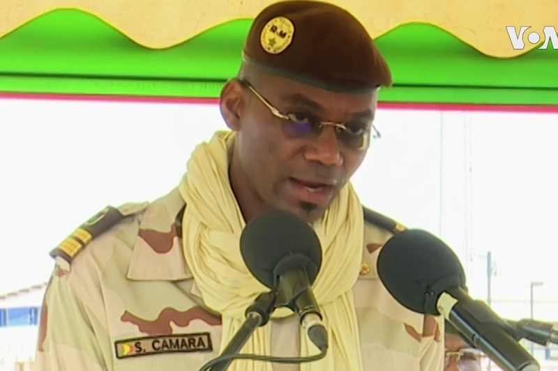 Mali's Defence Minister Sadio Camara speaking at a military press conference in uniform