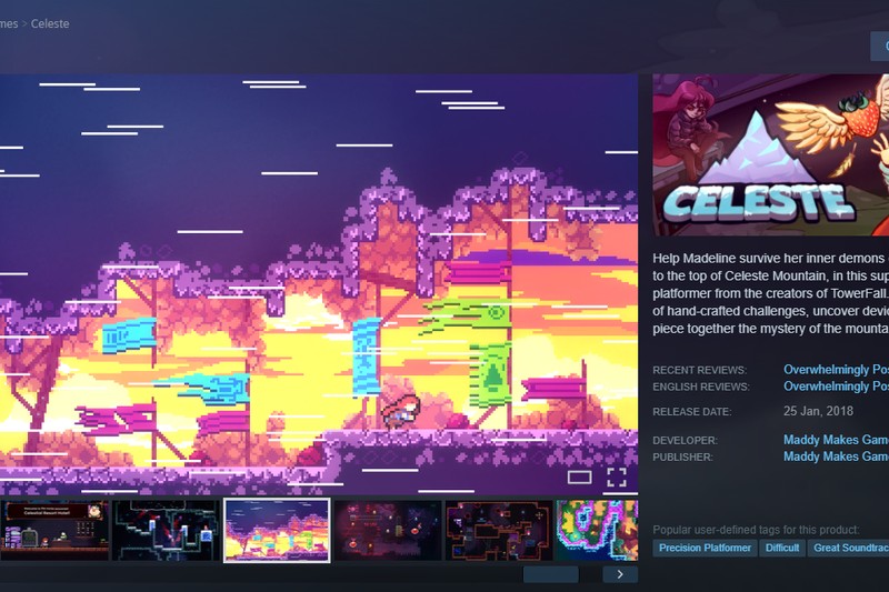 A Steam store product page showing a game listing with screenshots, description, and review ratings