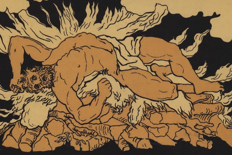 A dramatic 19th-century woodcut print depicting the mythological hero Hercules on Mount Oeta surrounded by chaotic figures