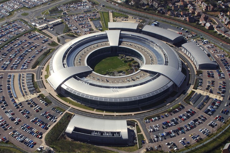 Aerial view of the circular GCHQ headquarters building in Cheltenham, England