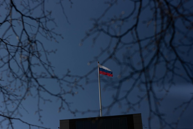 The Russian flag flying on a flagpole against a clear blue sky with bare tree branches framing the view