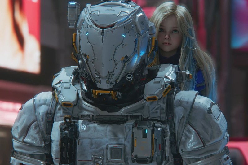 An armored figure and a young girl in a futuristic setting from Capcom's PRAGMATA