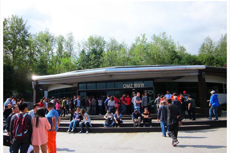 Tourists gather outside the DMZ Peace Observatory building near the Korean Demilitarized Zone