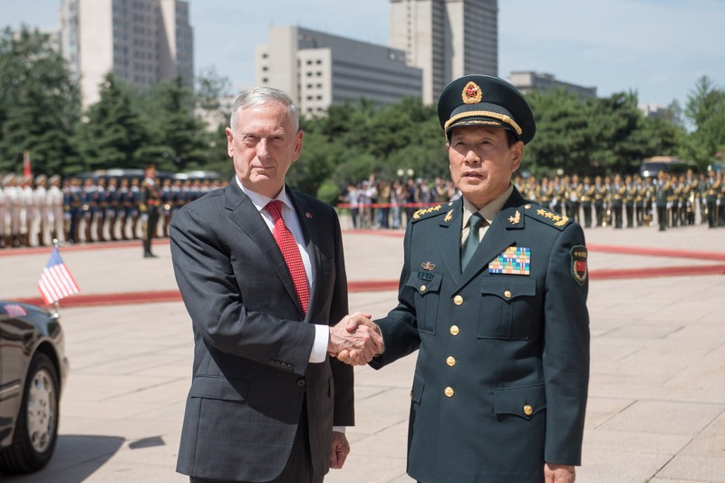 U.S. Secretary of Defense James Mattis shakes hands with China's Minister of Defense Gen. Wei Fenghe during a ceremonial meeting at the PLA Bayi Building in Beijing