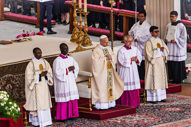 Clergy in liturgical vestments at the Papal Inauguration Mass in Vatican City, May 18, 2025