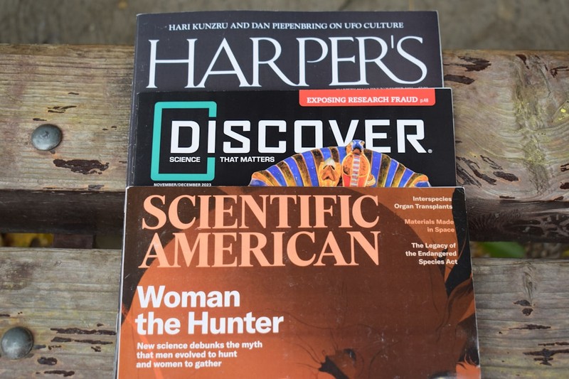 Science magazines including Scientific American and Discover stacked on a wooden bench