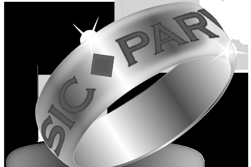 A 3D-rendered silver ring engraved with the text 'SIC PAR' and a diamond symbol, inspired by Nathan Drake's iconic ring from the Uncharted video game franchise.