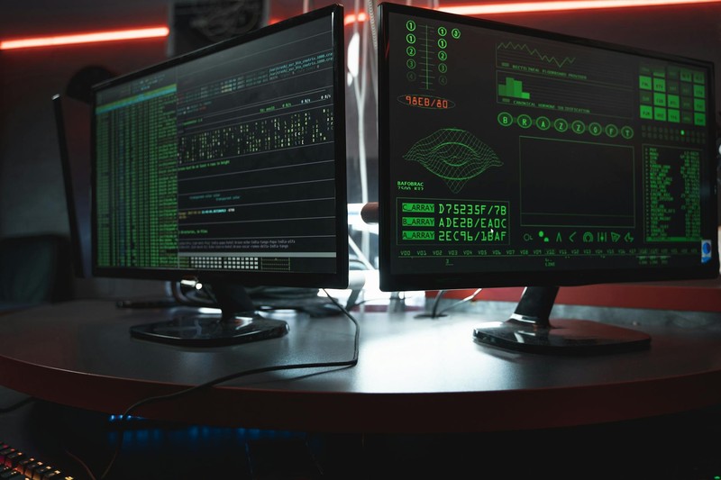 Dual computer monitors displaying green coding interfaces in a dimly lit room