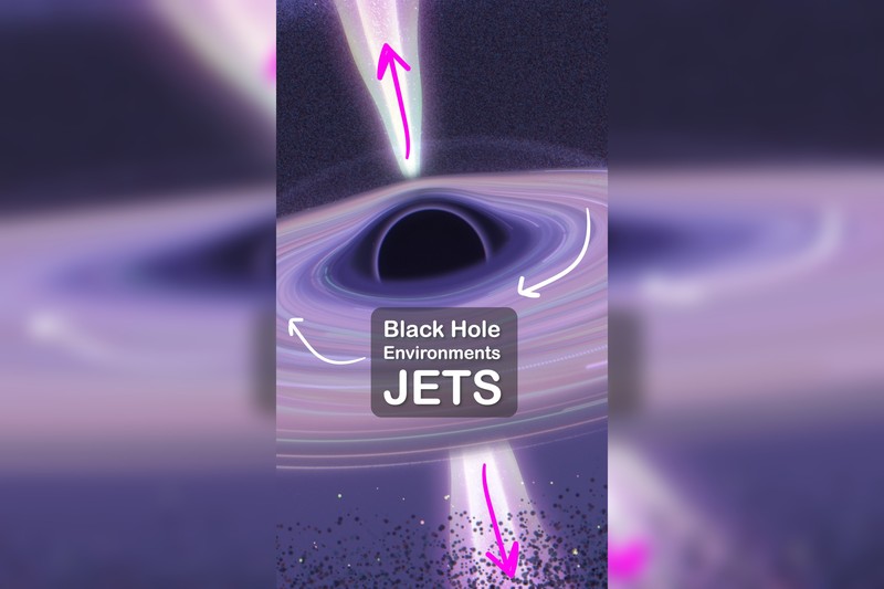 Illustration of a black hole with a swirling accretion disk and a powerful relativistic jet beaming outward