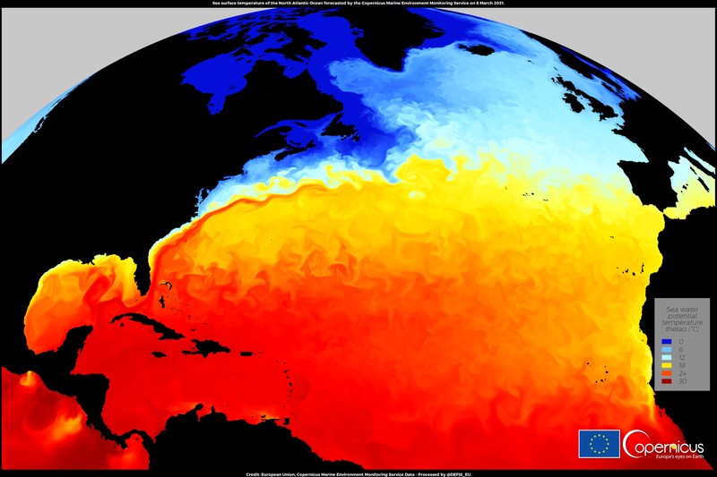 Satellite-derived map of Atlantic Ocean sea surface temperatures showing warm currents flowing northward from the tropics toward Europe