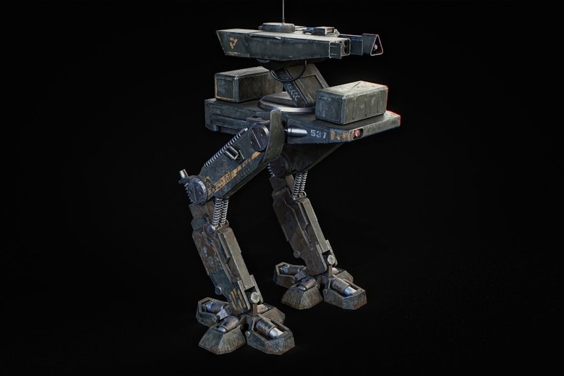 A weathered bipedal mech robot with industrial armor and mechanical joints on a black background