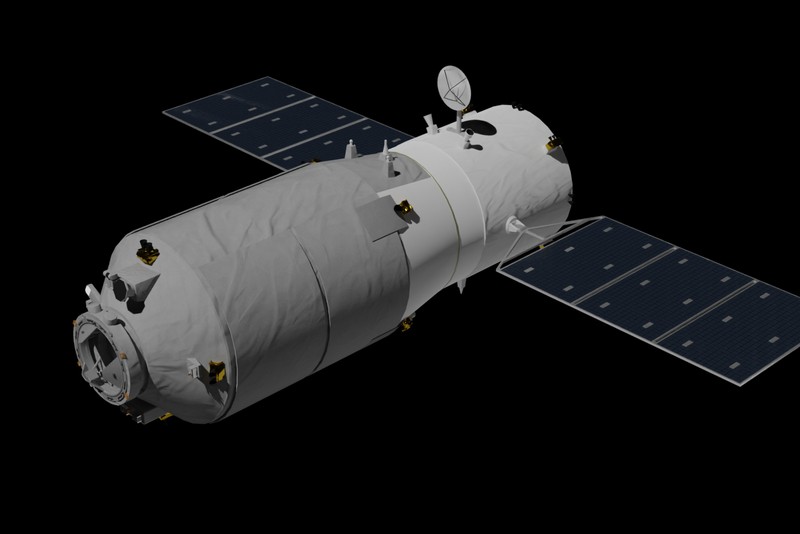 Rear view of China's Tiangong Space Station showing the Mengtian, Tianhe, and Wentian modules with a Shenzhou spacecraft docked