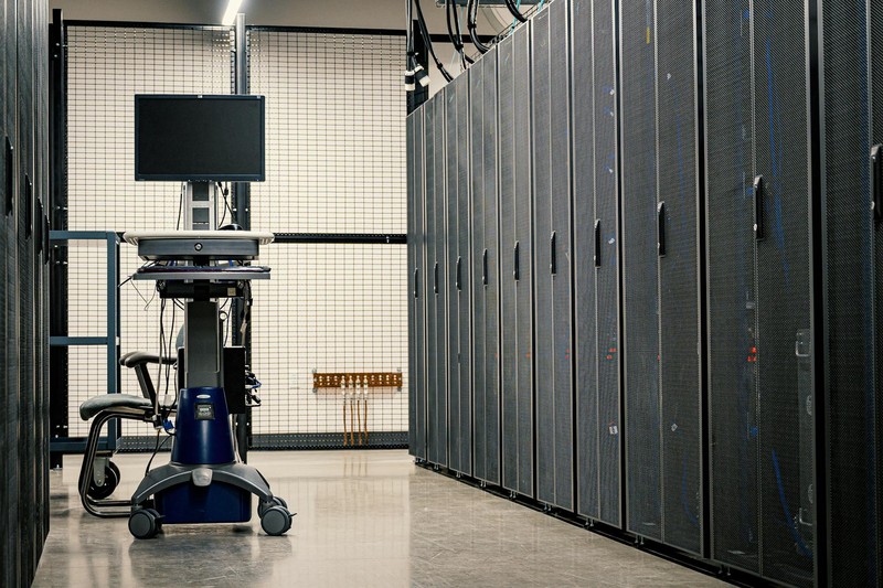 Server racks and a management workstation in a modern data center
