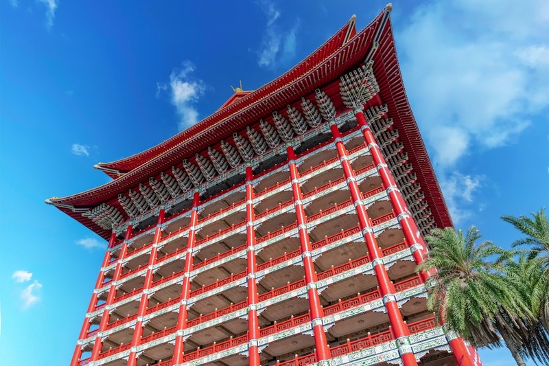 The Grand Hotel in Taipei, a towering red-and-gold Chinese-style hotel building photographed from below against a blue sky