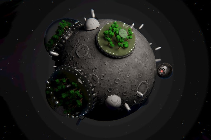 A cratered moon with green domed colony structures set against a star-filled space background