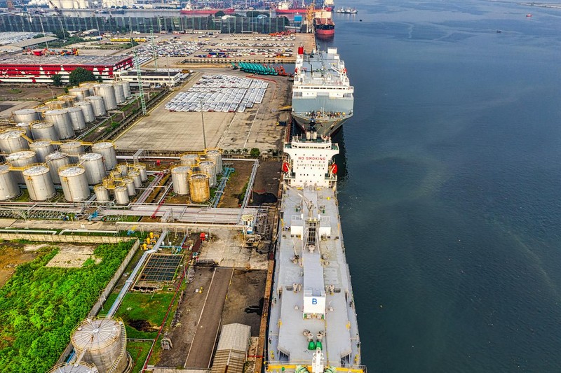 Aerial view of oil tankers docked at a maritime storage terminal