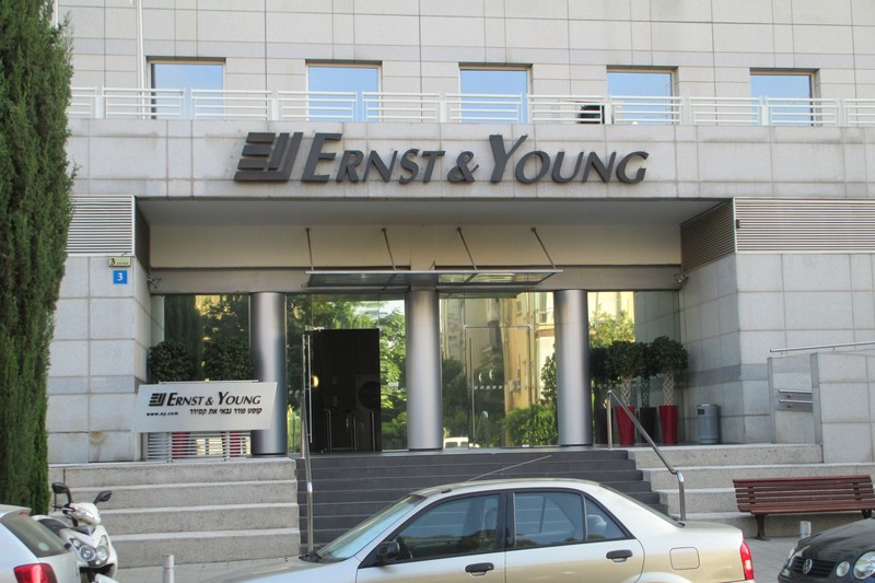 Ernst & Young headquarters building in Tel Aviv with visible EY signage and logo