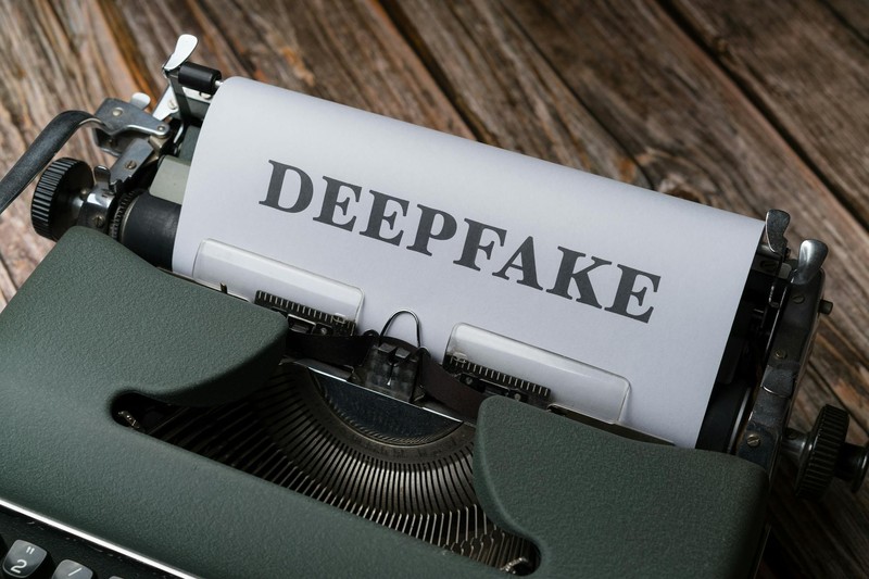 A vintage green typewriter with the word DEEPFAKE typed on a sheet of paper, resting on a weathered wooden desk