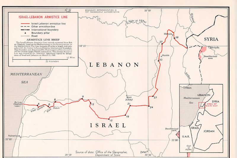Map of the Israel-Lebanon armistice demarcation line showing the border between the two countries