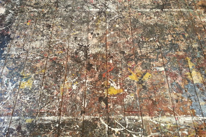 Jackson Pollock's paint-splattered wooden studio floor at the Pollock-Krasner House and Study Center in Springs, New York