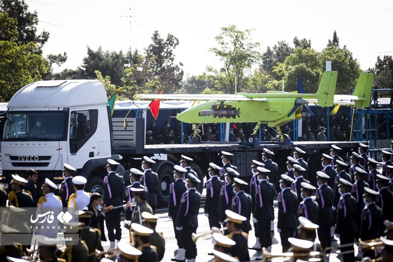 An Iranian military drone mounted on a truck during a parade in Tehran