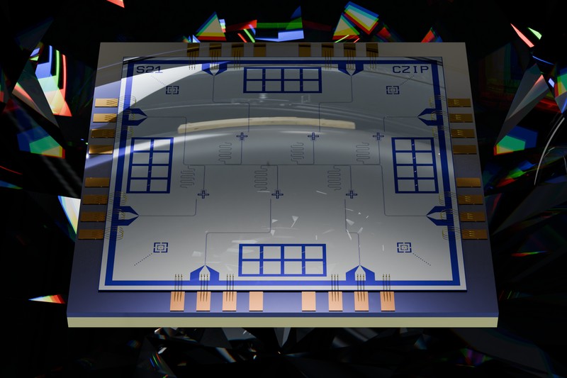 A 3D rendering of a superconducting transmon-based quantum processor chip with colorful prismatic background