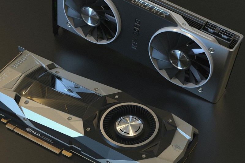 Two NVIDIA GeForce RTX graphics cards displayed against a dark background