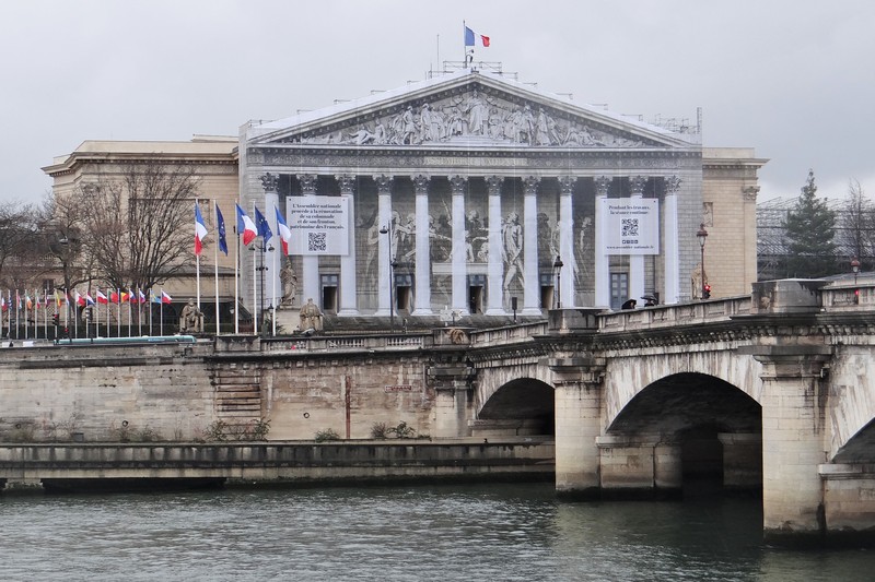 The Palais Bourbon, seat of the French National Assembly, viewed from the Pont de la Concorde across the Seine