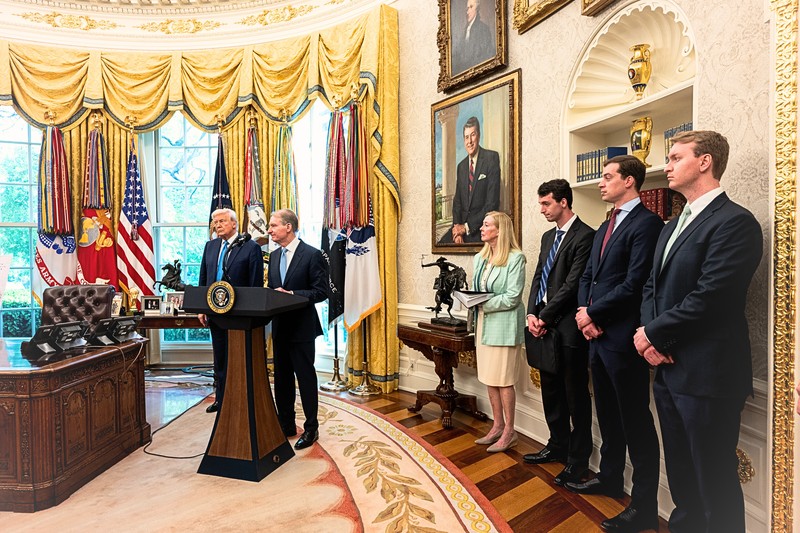 Officials gathered at the swearing-in ceremony for SEC Chair Paul Atkins in the Oval Office of the White House