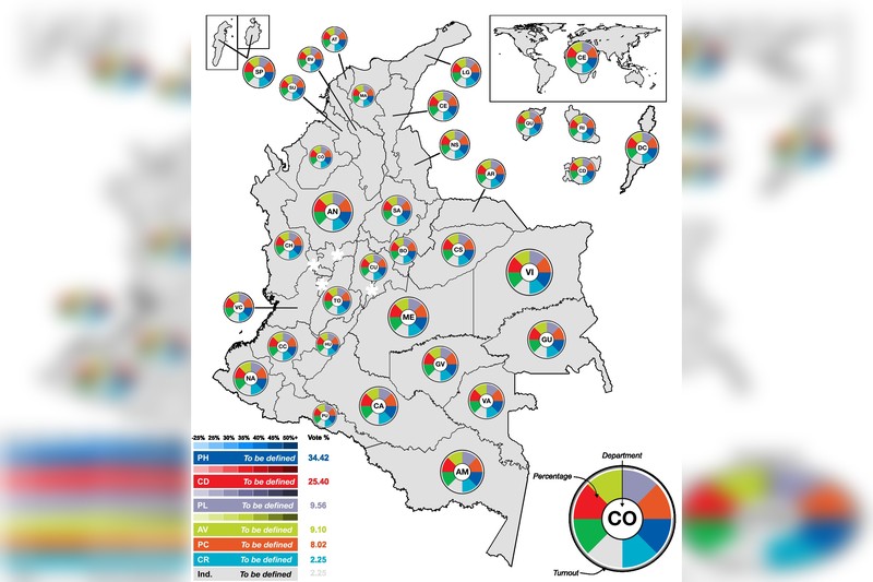 Thematic map of Colombia showing 2026 presidential election first-round results by region with circular data charts
